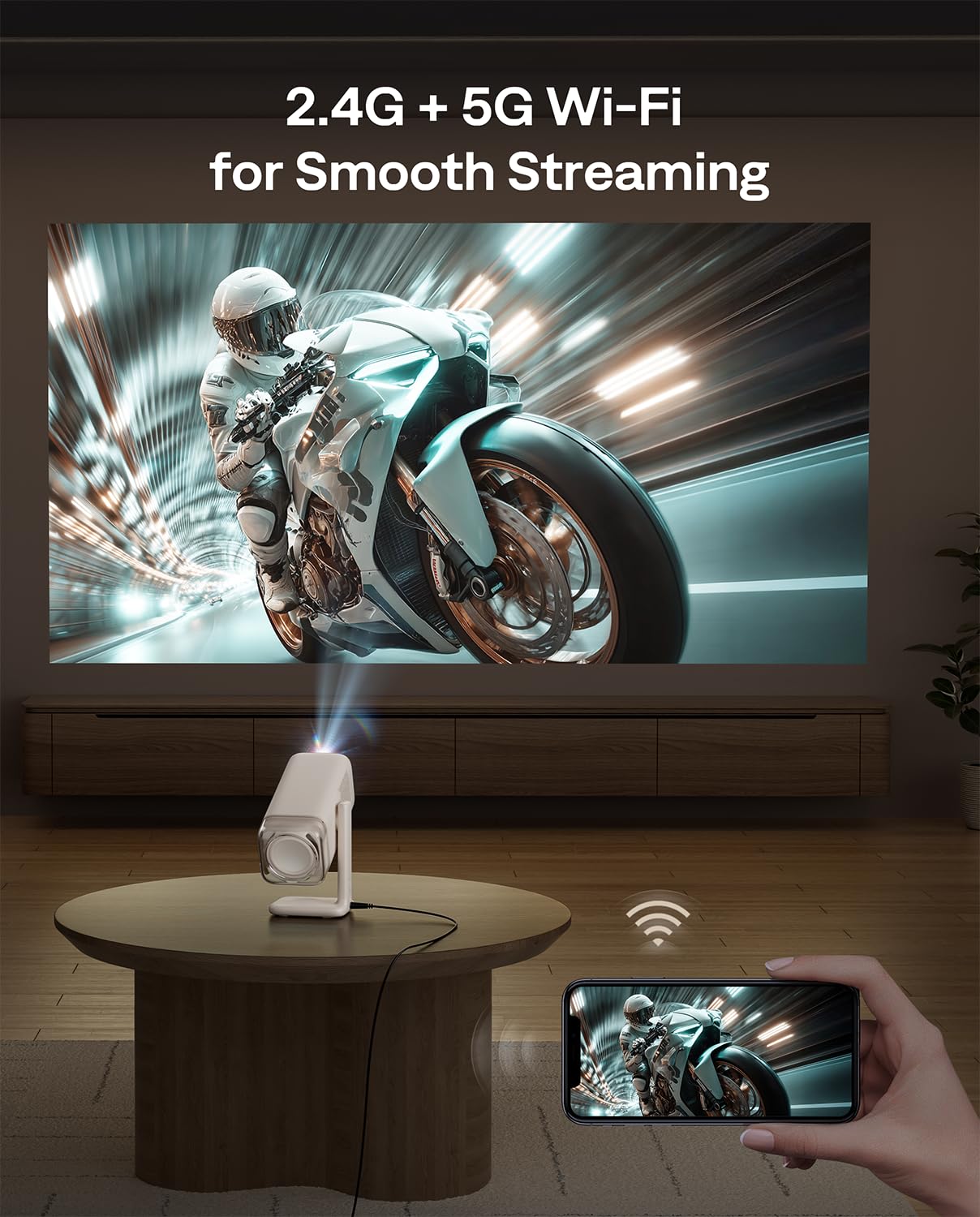 Aurzen BOOM Air Google TV portable projector, WiFi/BT, USB-C powered, 4K support, real-time focus, Dolby audio, adjustable stand