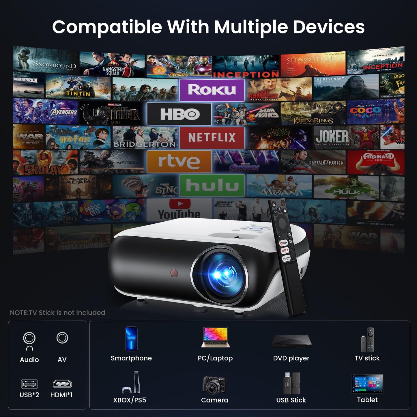 HAPPRUN 1080P Bluetooth projector, built-in speaker, Google TV, supports smartphone/HDMI/Fire Stick/PS5 indoor/outdoor use