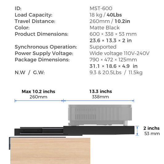 MST-600-B motorized slider tray for UST/laser projectors, extends to 150", auto retract, holds 40lbs, 3 install types