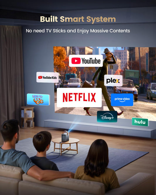 4K portable smart projector, Netflix & Dolby audio, 1080P native, WiFi/BT, auto keystone, electric focus, home theater