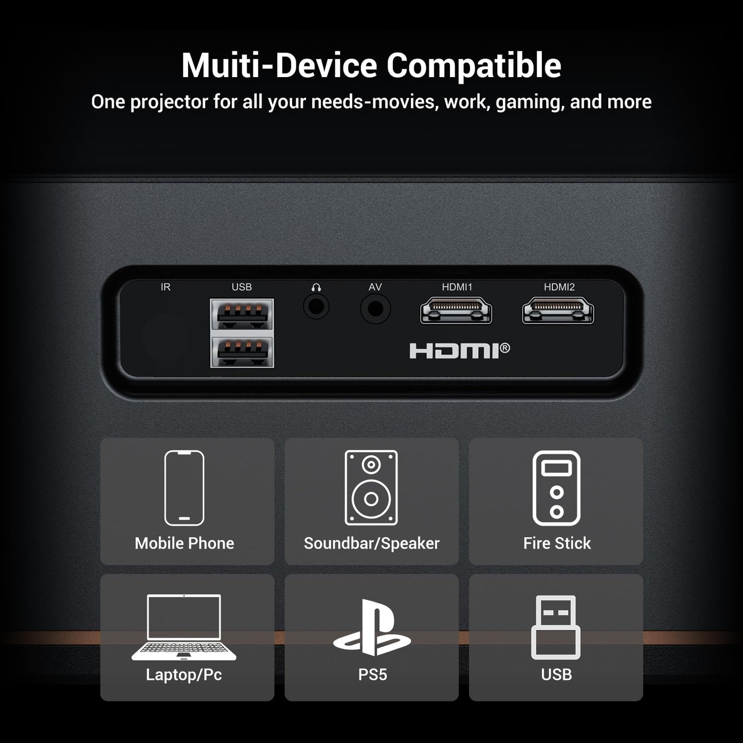 2000 ANSI 4K WiFi/Bluetooth projector, auto focus, up to 300" display, indoor/outdoor, supports phone/TV stick/PS5