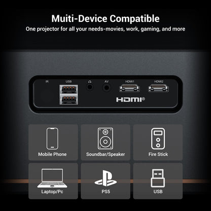 2000 ANSI 4K WiFi/Bluetooth projector, auto focus, up to 300" display, indoor/outdoor, supports phone/TV stick/PS5