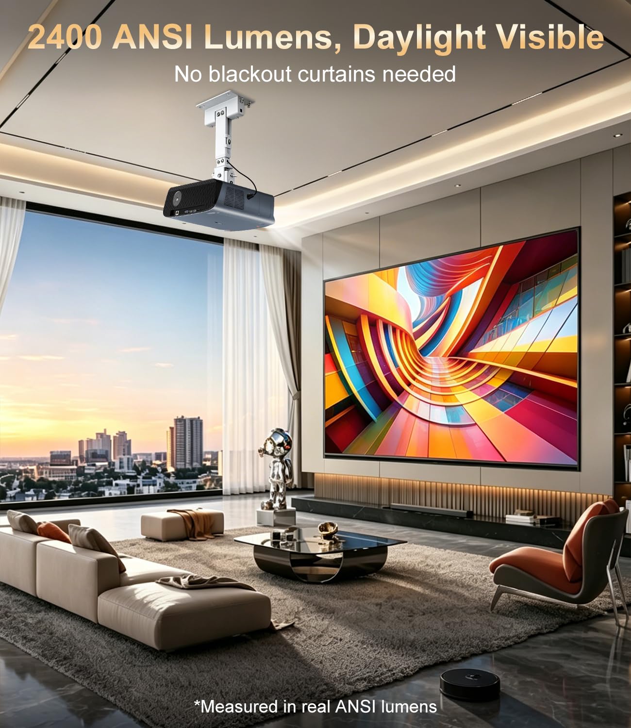 4K smart projector Google TV 2400 ANSI, ToF autofocus, short throw, HDMI ARC, WiFi6/BT, HDR, outdoor movie projector