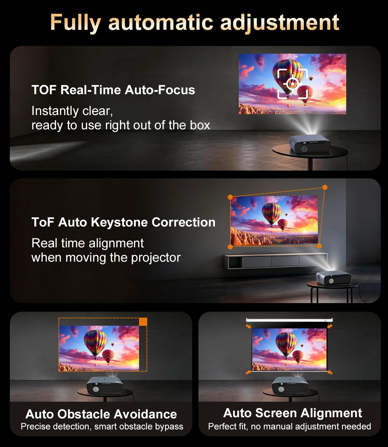 4K smart projector Google TV 2400 ANSI, ToF autofocus, short throw, HDMI ARC, WiFi6/BT, HDR, outdoor movie projector