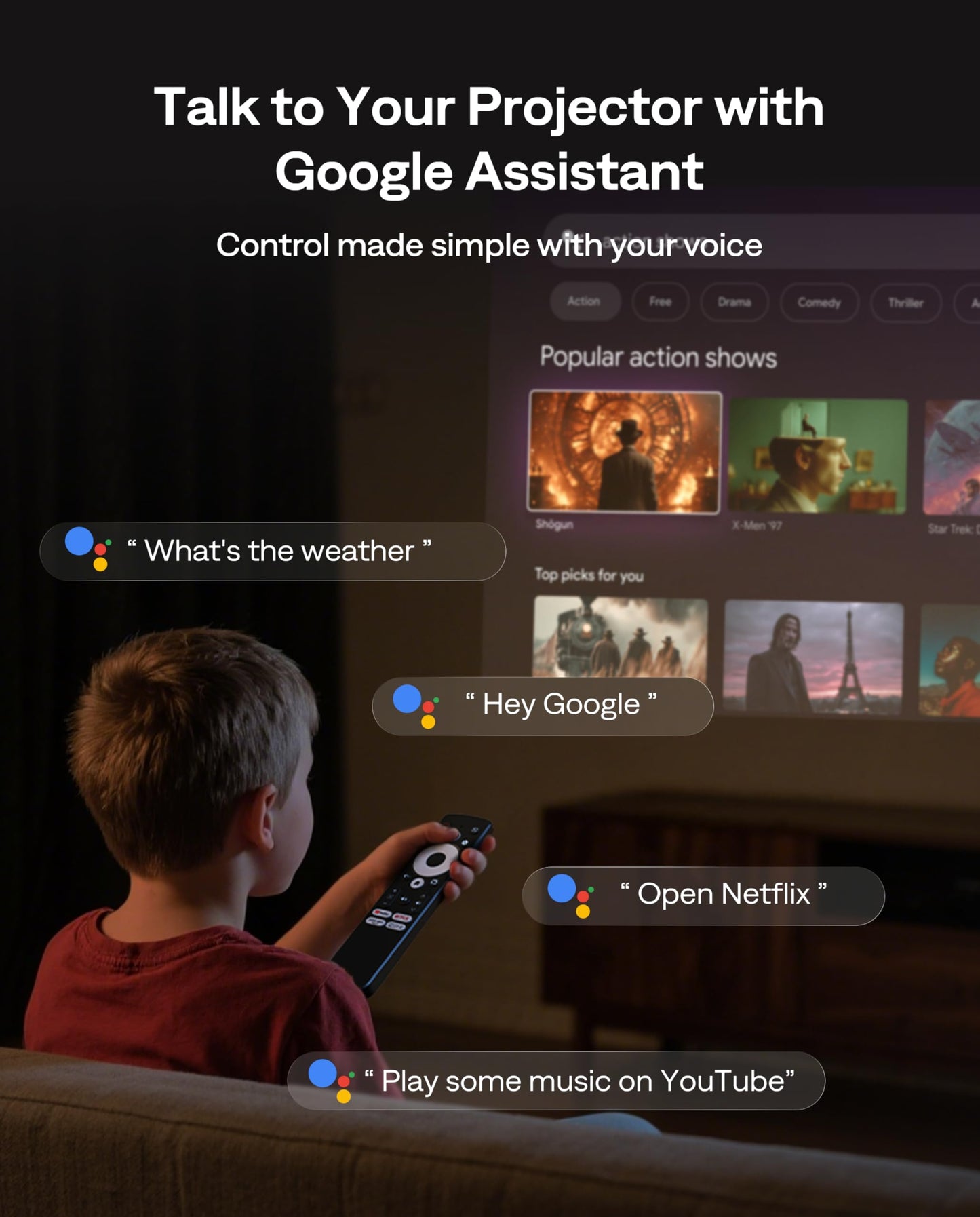 Aurzen BOOM Air Google TV portable projector, WiFi/BT, USB-C powered, 4K support, real-time focus, Dolby audio, adjustable stand