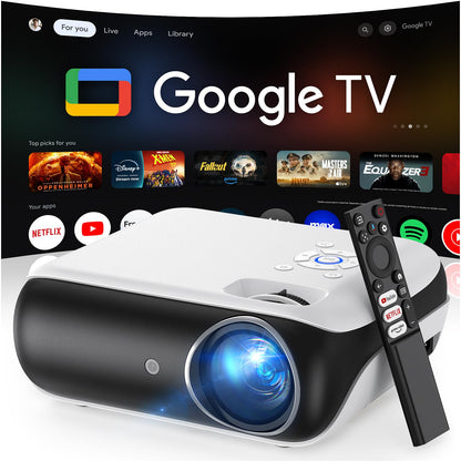 HAPPRUN 1080P Bluetooth projector, built-in speaker, Google TV, supports smartphone/HDMI/Fire Stick/PS5 indoor/outdoor use