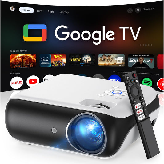 HAPPRUN 1080P Bluetooth projector, built-in speaker, Google TV, supports smartphone/HDMI/Fire Stick/PS5 indoor/outdoor use