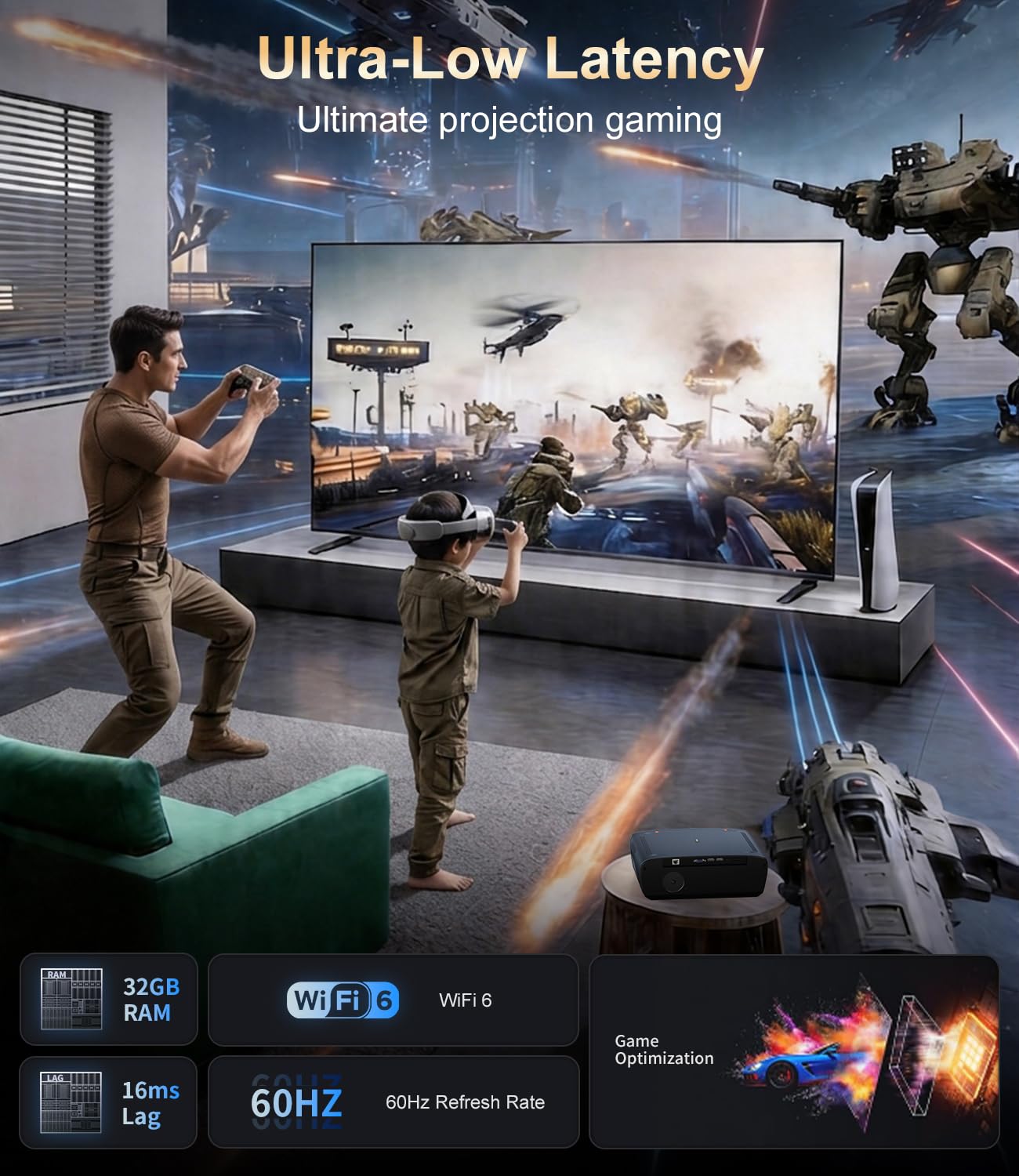 4K smart projector Google TV 2400 ANSI, ToF autofocus, short throw, HDMI ARC, WiFi6/BT, HDR, outdoor movie projector