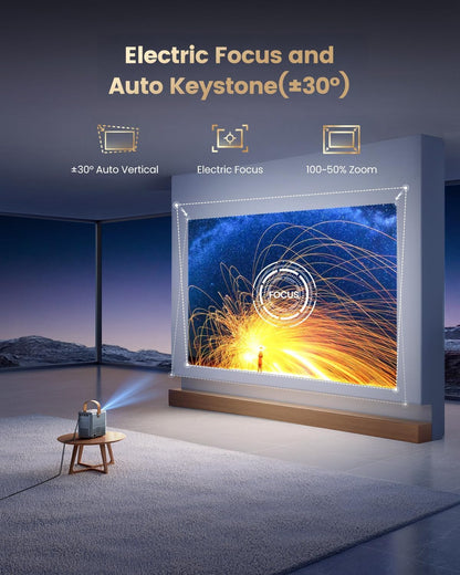 4K portable smart projector, Netflix & Dolby audio, 1080P native, WiFi/BT, auto keystone, electric focus, home theater
