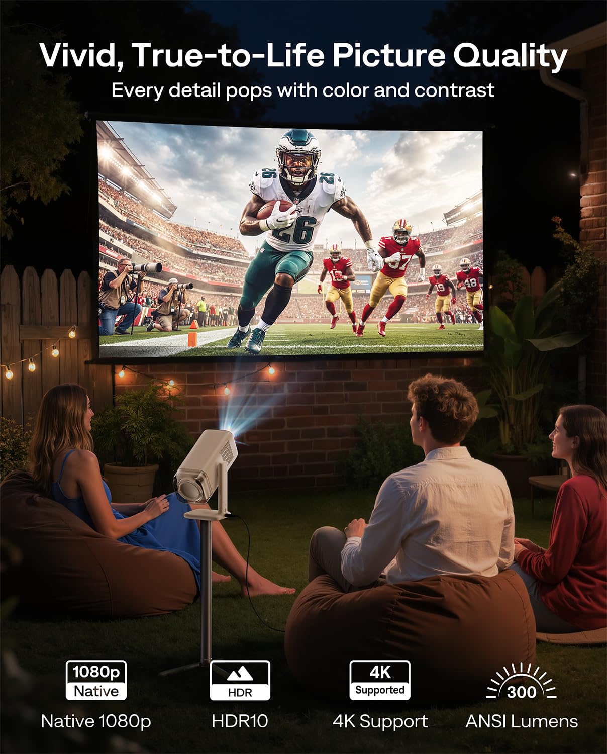 Aurzen BOOM Air Google TV portable projector, WiFi/BT, USB-C powered, 4K support, real-time focus, Dolby audio, adjustable stand
