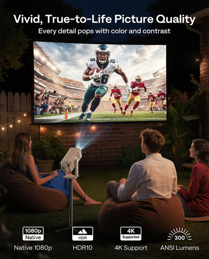 Aurzen BOOM Air Google TV portable projector, WiFi/BT, USB-C powered, 4K support, real-time focus, Dolby audio, adjustable stand
