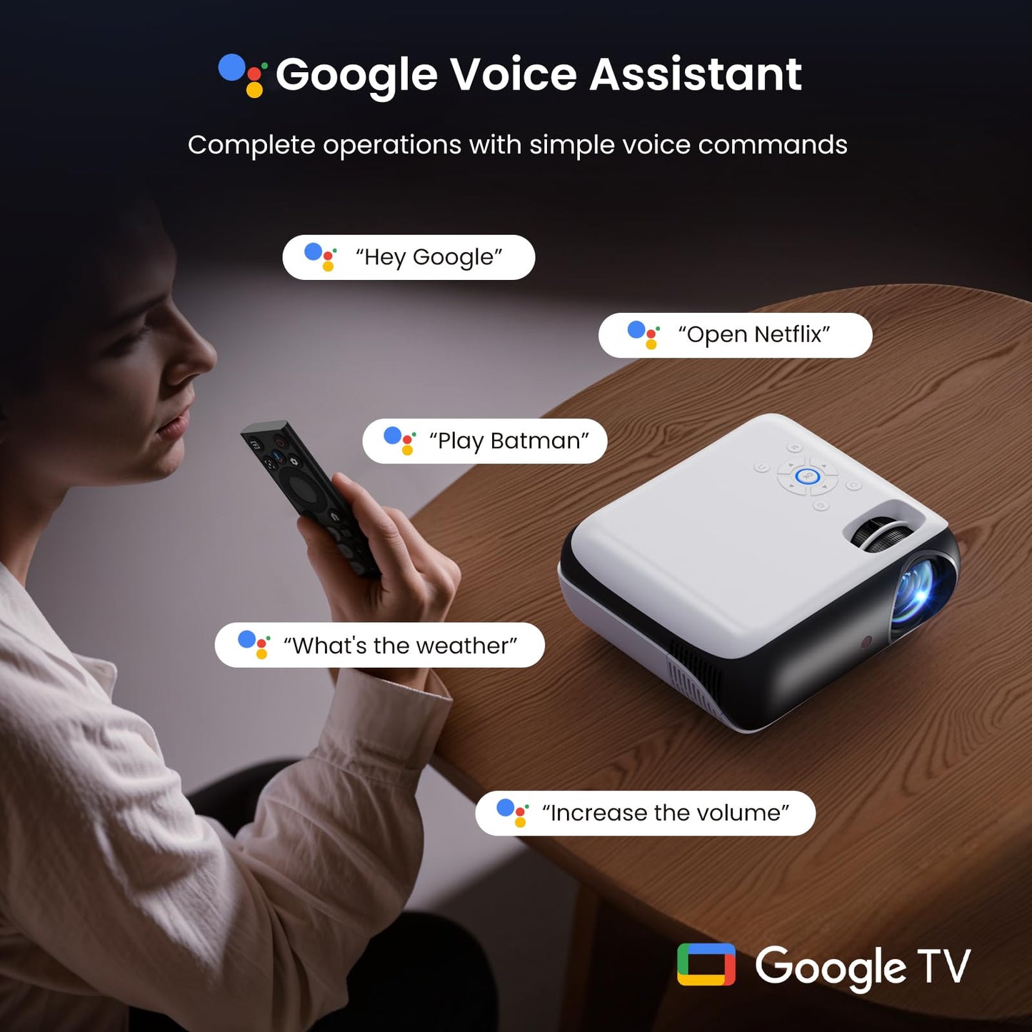 HAPPRUN 1080P Bluetooth projector, built-in speaker, Google TV, supports smartphone/HDMI/Fire Stick/PS5 indoor/outdoor use