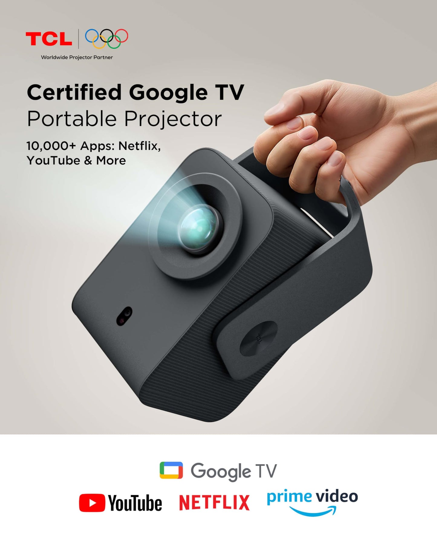TCL C1 smart projector, 4K support, Google TV, WiFi/BT, auto focus/keystone, HDR10 1080P, 285° rotation, home/outdoor
