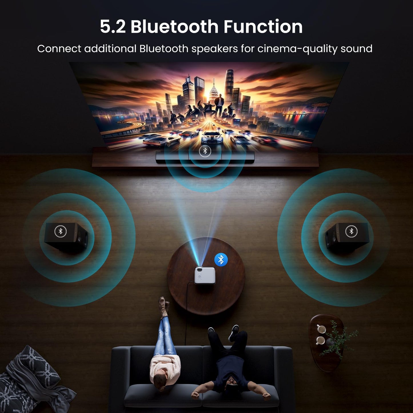 HAPPRUN 1080P Bluetooth projector, built-in speaker, Google TV, supports smartphone/HDMI/Fire Stick/PS5 indoor/outdoor use