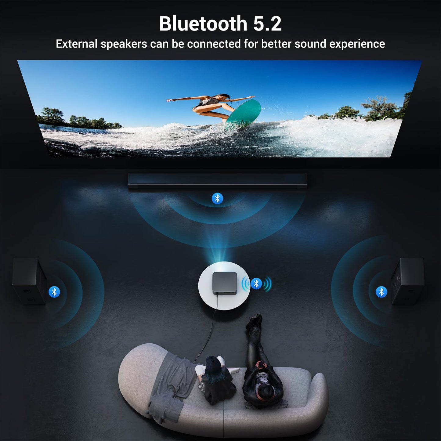 2000 ANSI 4K WiFi/Bluetooth projector, auto focus, up to 300" display, indoor/outdoor, supports phone/TV stick/PS5