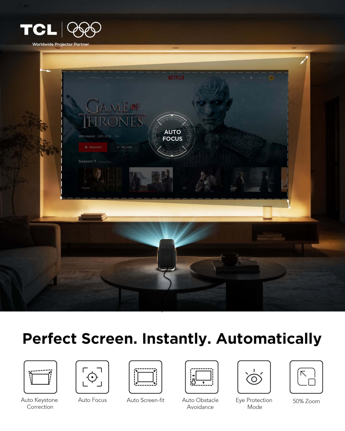 TCL C1 smart projector, 4K support, Google TV, WiFi/BT, auto focus/keystone, HDR10 1080P, 285° rotation, home/outdoor