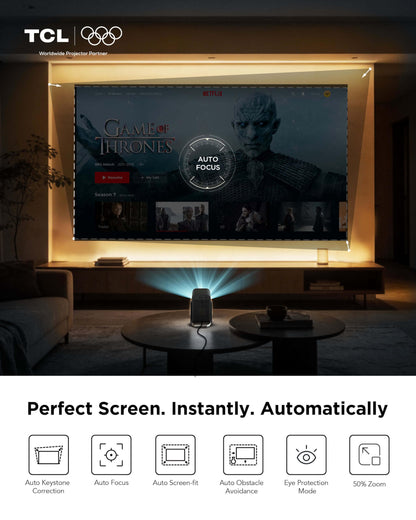 TCL C1 smart projector, 4K support, Google TV, WiFi/BT, auto focus/keystone, HDR10 1080P, 285° rotation, home/outdoor