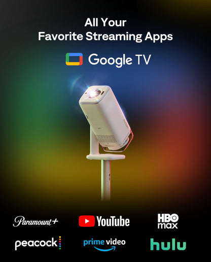 Aurzen BOOM Air Google TV portable projector, WiFi/BT, USB-C powered, 4K support, real-time focus, Dolby audio, adjustable stand