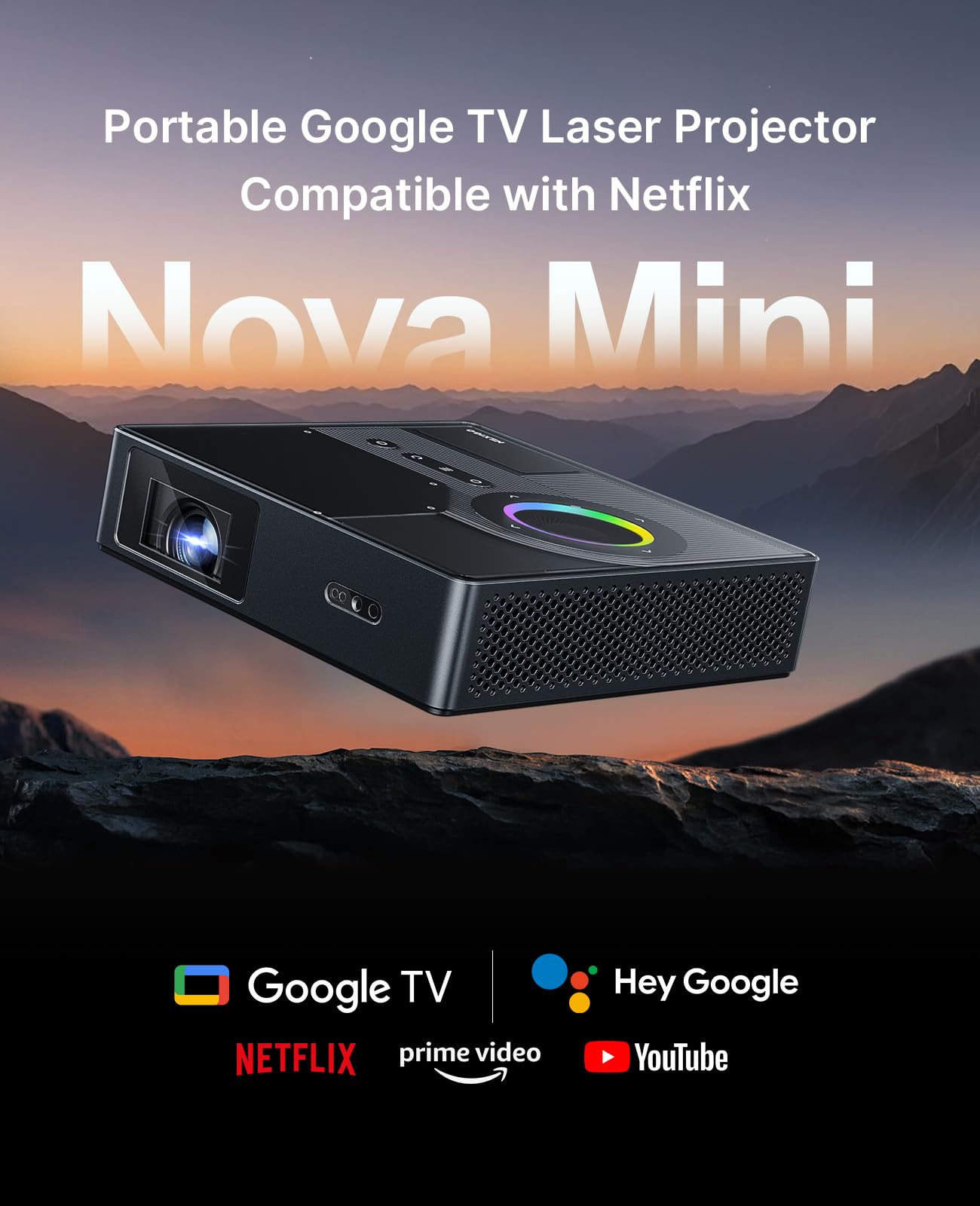 NexiGo Nova Mini laser projector, Google TV/Netflix, 1080p FHD, 1200 lumens, 15000:1 contrast, auto setup, 150" display