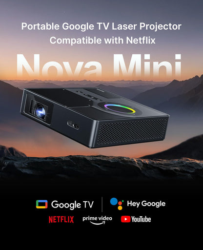 NexiGo Nova Mini laser projector, Google TV/Netflix, 1080p FHD, 1200 lumens, 15000:1 contrast, auto setup, 150" display