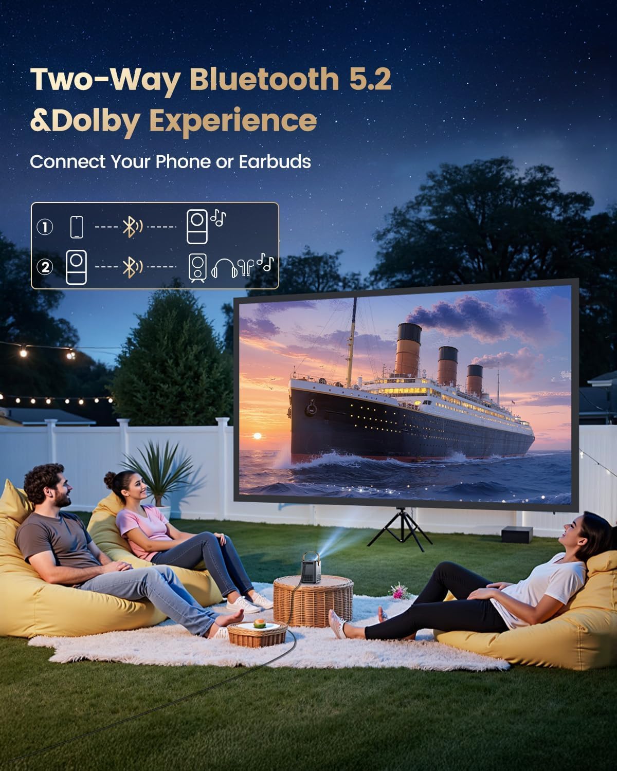 4K portable smart projector, Netflix & Dolby audio, 1080P native, WiFi/BT, auto keystone, electric focus, home theater