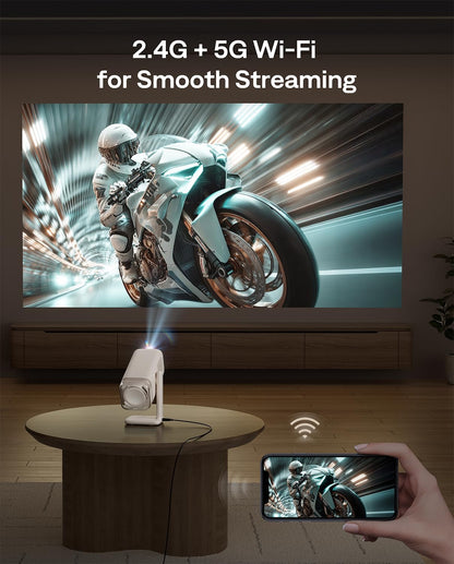 Aurzen BOOM Air Google TV portable projector, WiFi/BT, USB-C powered, 4K support, real-time focus, Dolby audio, adjustable stand