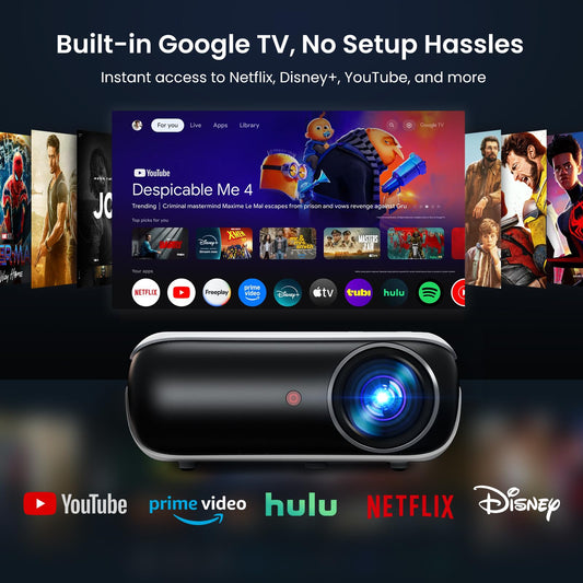 HAPPRUN 1080P Bluetooth projector, built-in speaker, Google TV, supports smartphone/HDMI/Fire Stick/PS5 indoor/outdoor use