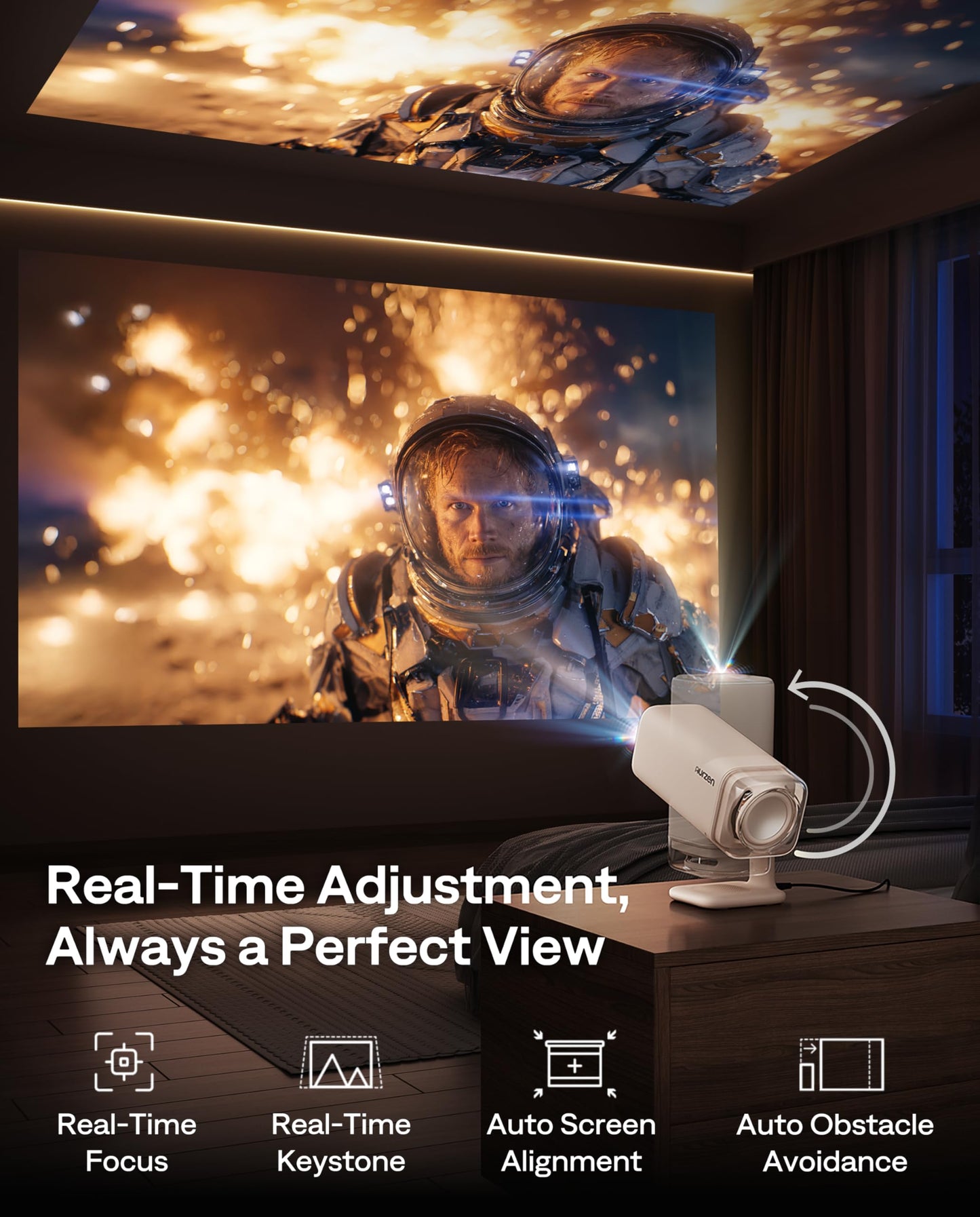 Aurzen BOOM Air Google TV portable projector, WiFi/BT, USB-C powered, 4K support, real-time focus, Dolby audio, adjustable stand