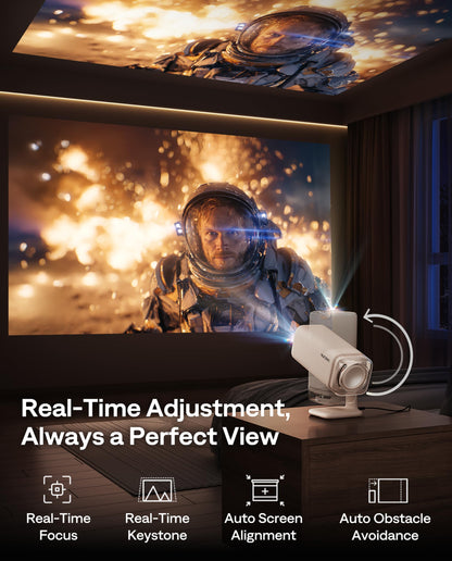 Aurzen BOOM Air Google TV portable projector, WiFi/BT, USB-C powered, 4K support, real-time focus, Dolby audio, adjustable stand