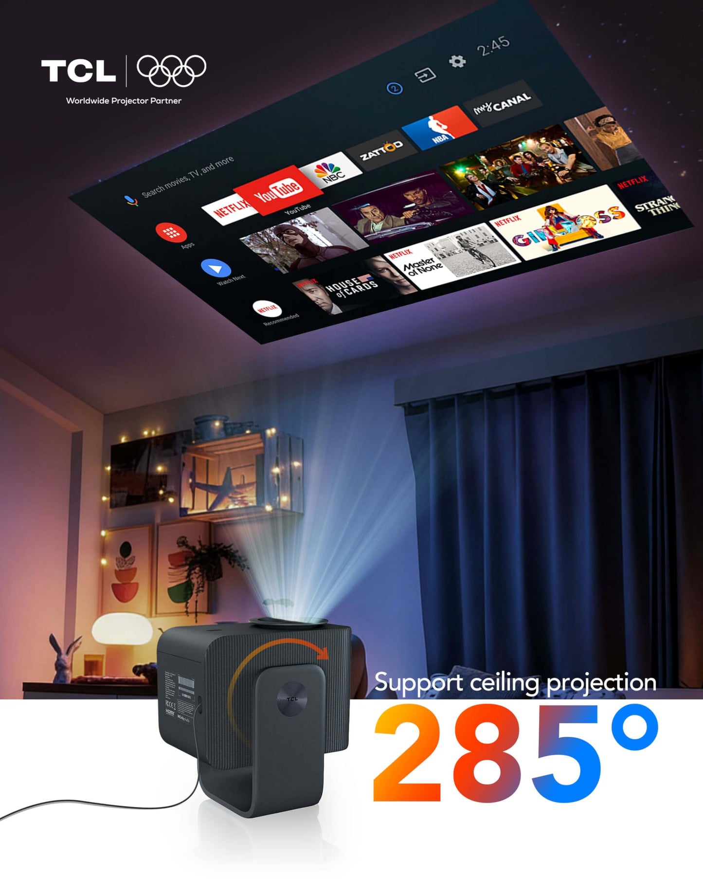 TCL C1 smart projector, 4K support, Google TV, WiFi/BT, auto focus/keystone, HDR10 1080P, 285° rotation, home/outdoor