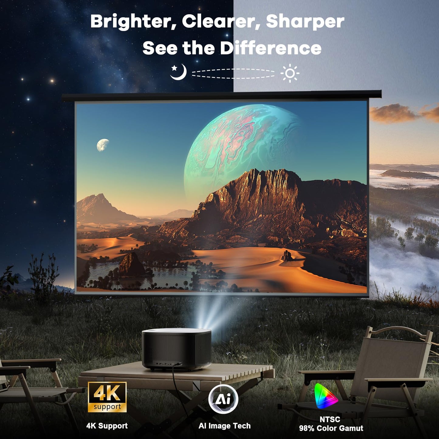Outdoor 4K smart projector ONOAYO ONO5Pro 2.0, ultra-bright, AI autofocus, Dolby audio 60W, WiFi/BT, indoor/outdoor 2026